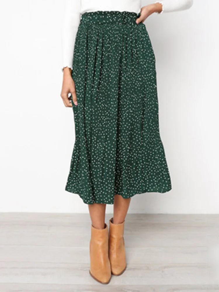 Falda Midi Plisada de Lunares con Bolsillos