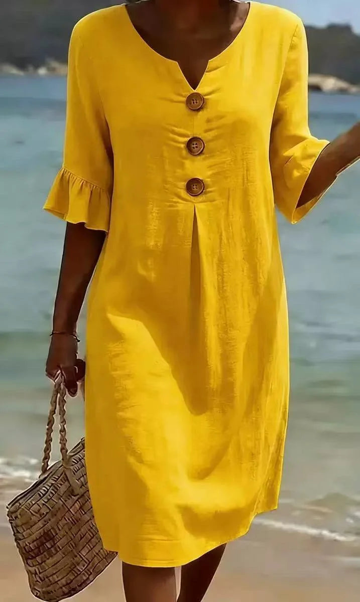 Vestido de Algodón y Lino con Cuello en V y Volantes