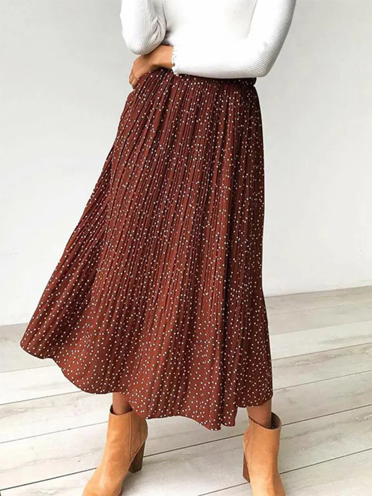Falda Midi Plisada de Lunares con Bolsillos