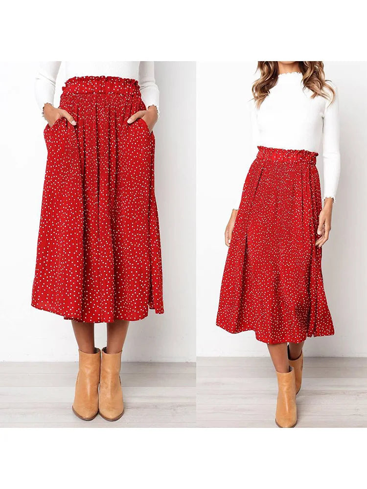 Falda Midi Plisada de Lunares con Bolsillos
