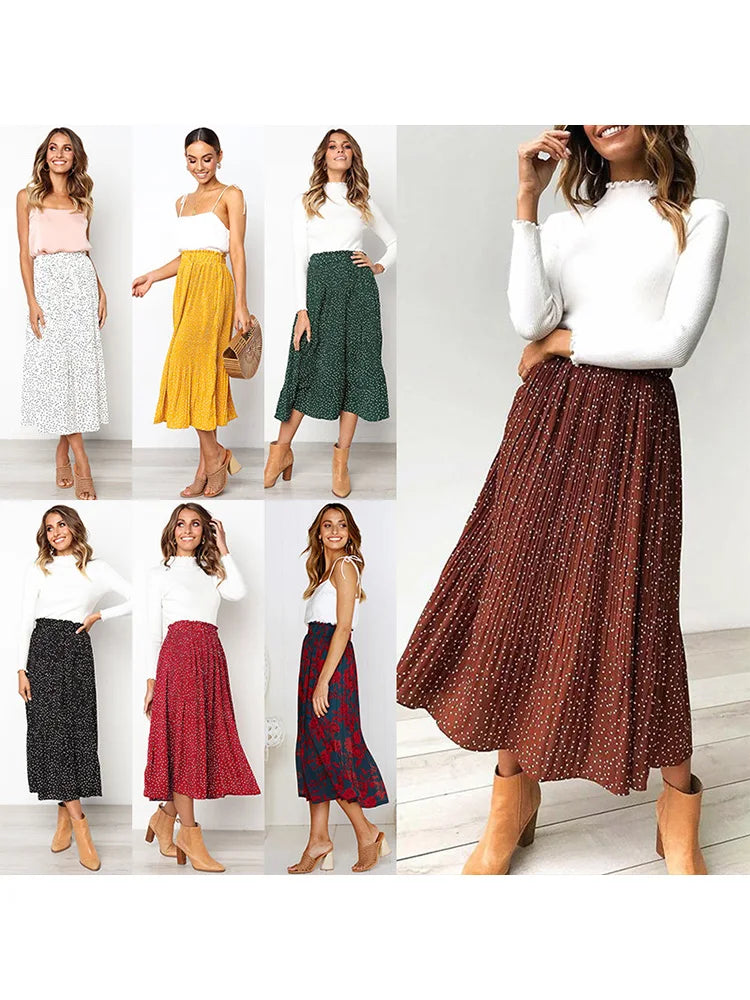Falda Midi Plisada de Lunares con Bolsillos