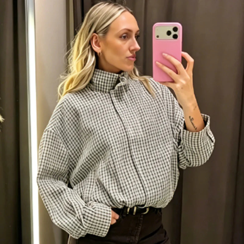 Cazadora Bomber de Cuadros Corta Oversize