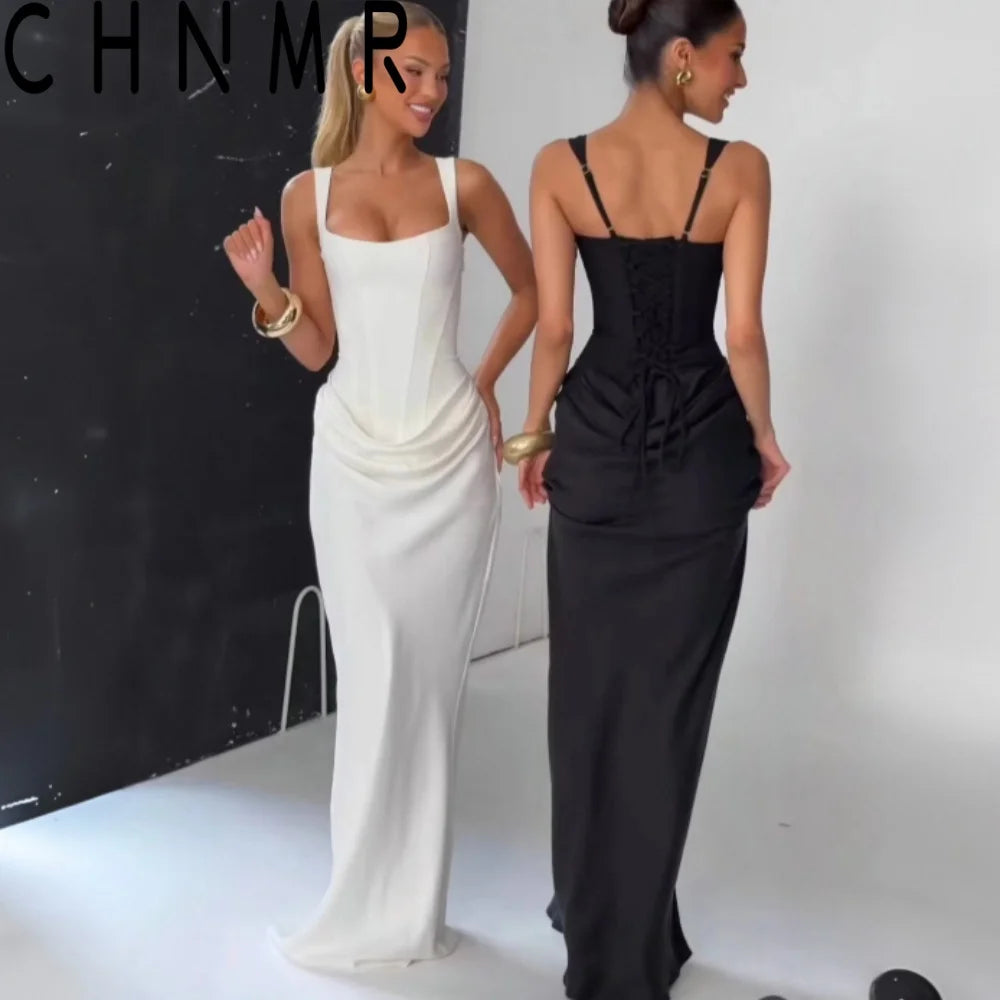 Vestido Largo Fruncido con Espalda Descubierta