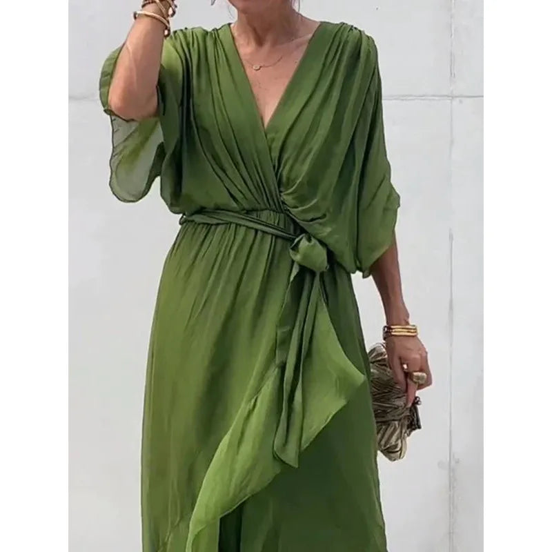 Vestido de Gasa con Escote en V y Lazada