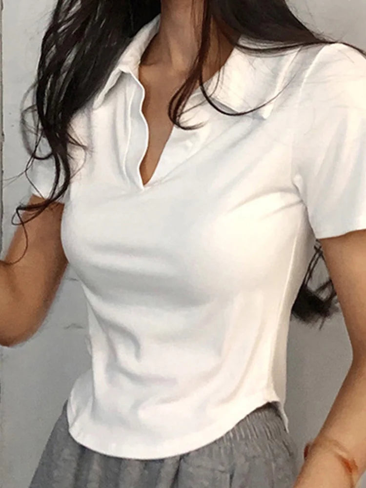 Top Corto de Manga Corta con Cuello Solapa