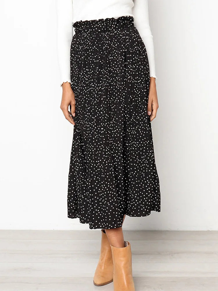 Falda Midi Plisada de Lunares con Bolsillos