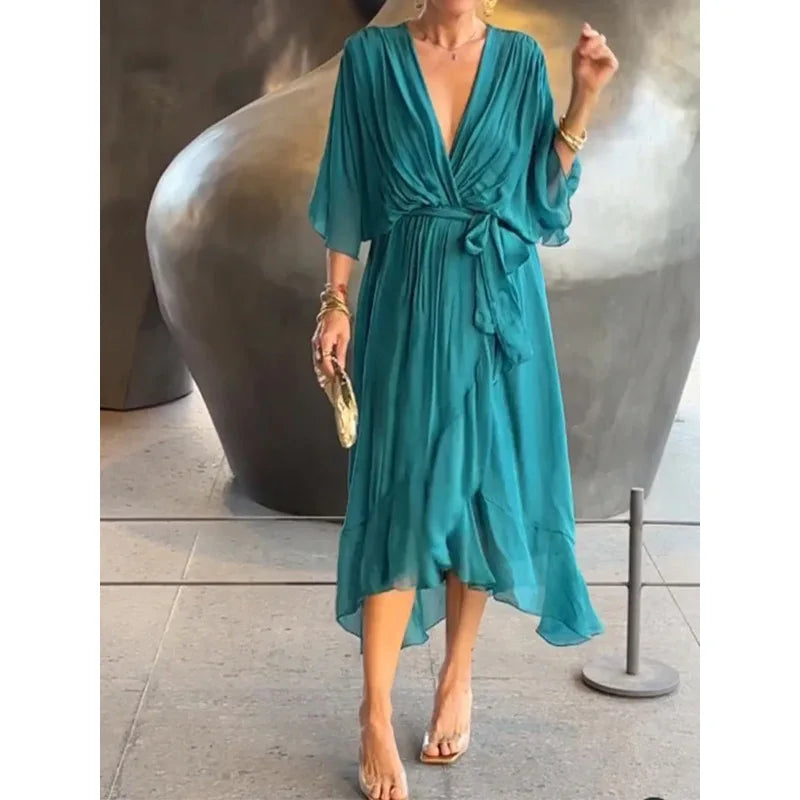 Vestido de Gasa con Escote en V y Lazada