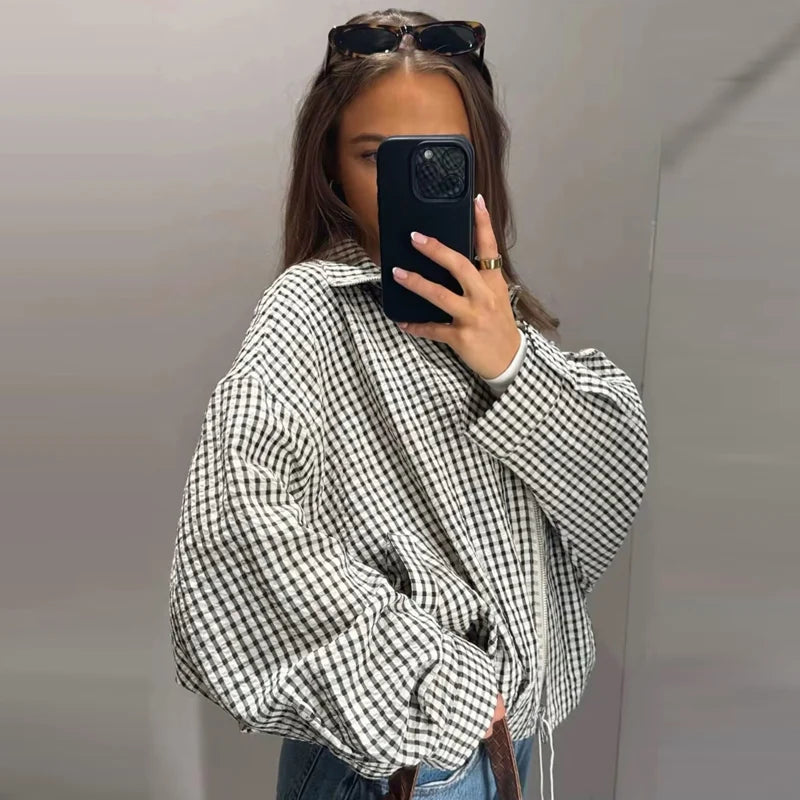 Cazadora Bomber de Cuadros Corta Oversize