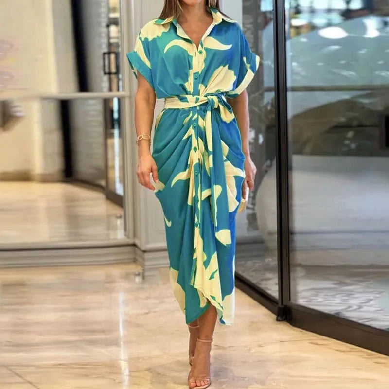 Vestido Midi Estampado con Cuello Solapa y Lazada