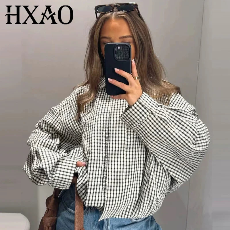Cazadora Bomber de Cuadros Corta Oversize