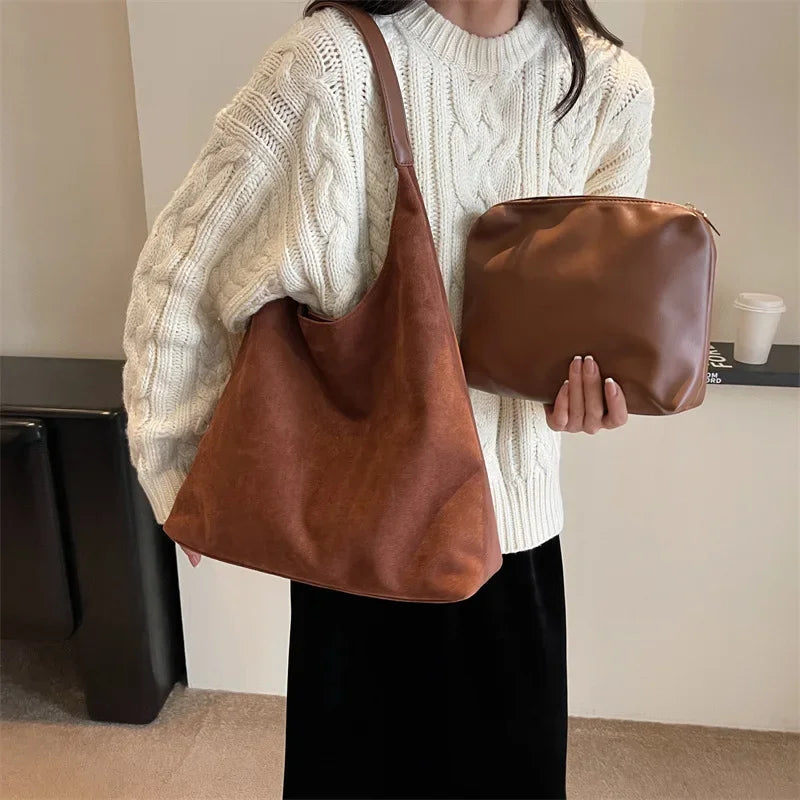 Bolso de Hombro de Ante de Gran Capacidad