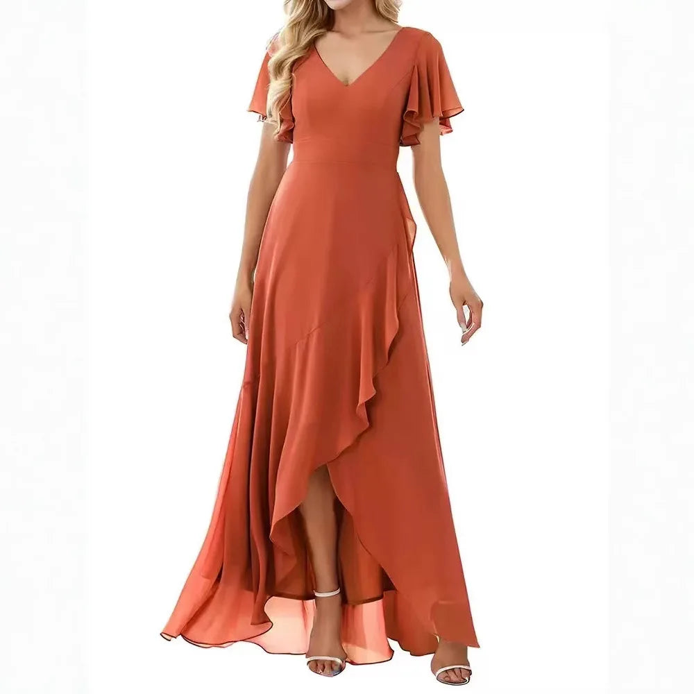 Vestido Largo con Doble Escote en V y Volantes
