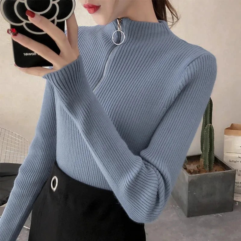 Jersey Ajustado de Medio Cuello con Cremallera