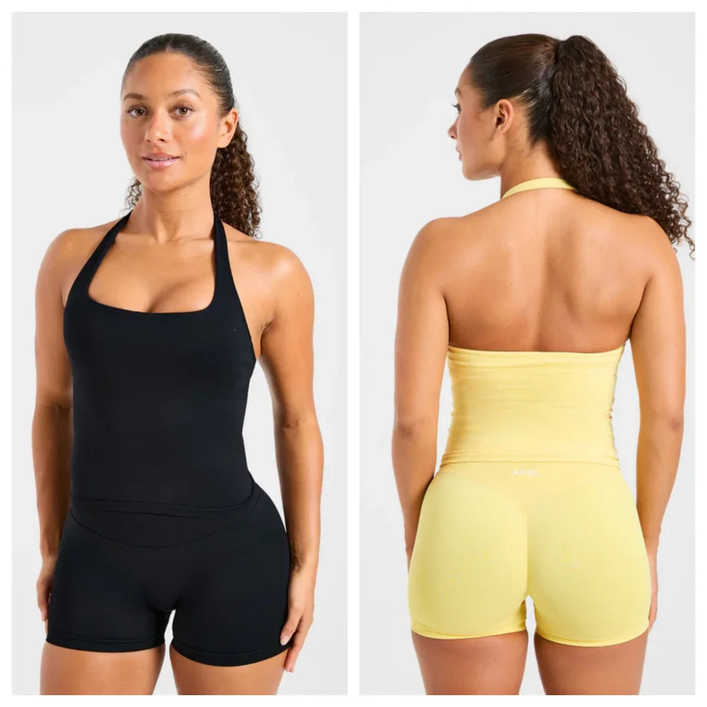 Conjunto Deportivo de Top Halter y Short de Tiro Alto