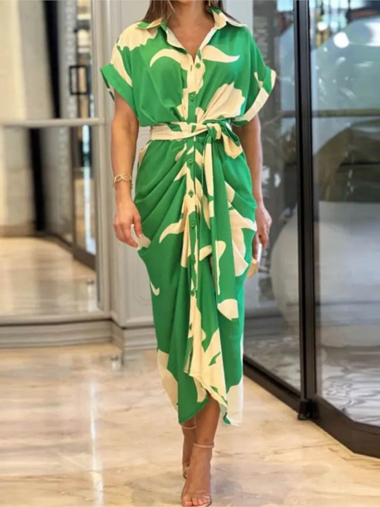 Vestido Midi Estampado con Cuello Solapa y Lazada