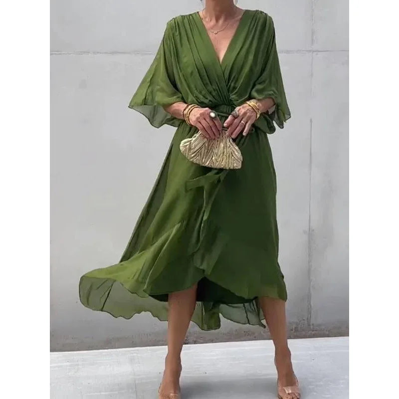 Vestido de Gasa con Escote en V y Lazada