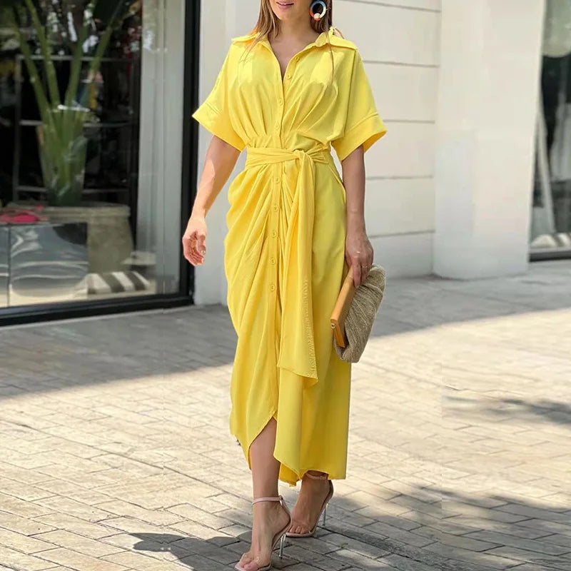 Vestido Midi Estampado con Cuello Solapa y Lazada