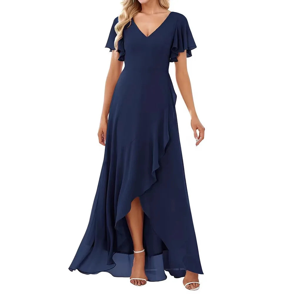 Vestido Largo con Doble Escote en V y Volantes