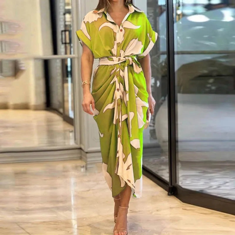 Vestido Midi Estampado con Cuello Solapa y Lazada