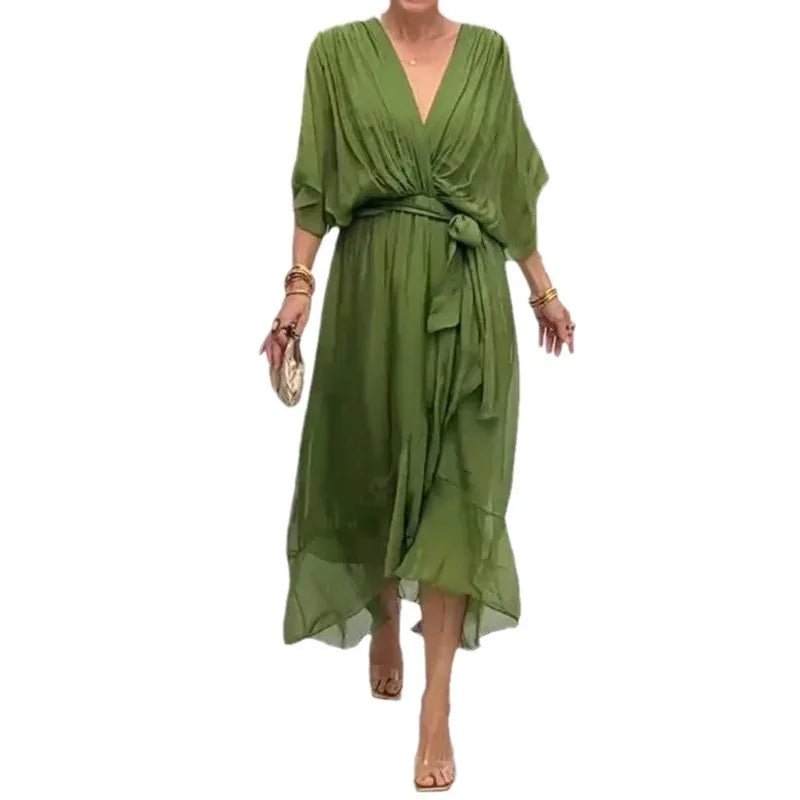 Vestido de Gasa con Escote en V y Lazada