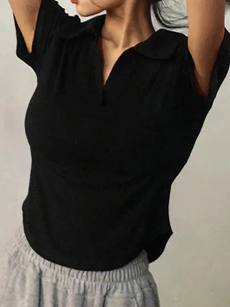 Top Corto de Manga Corta con Cuello Solapa