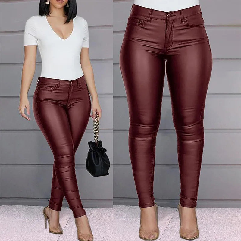 Pantalón Acampanado Efecto Piel de Tiro Alto