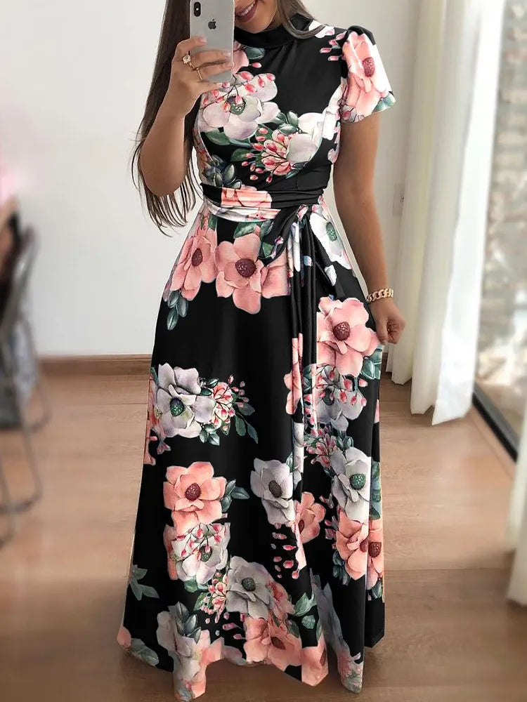 Vestido Largo de Flores con Manga Larga