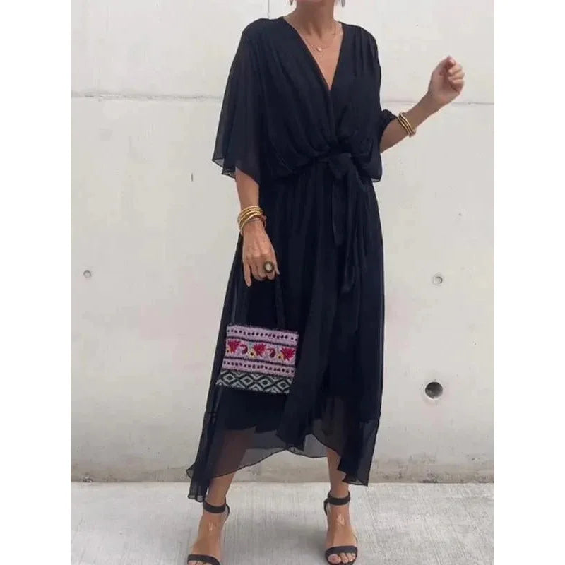 Vestido de Gasa con Escote en V y Lazada