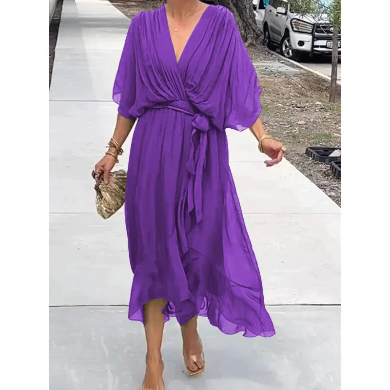 Vestido de Gasa con Escote en V y Lazada