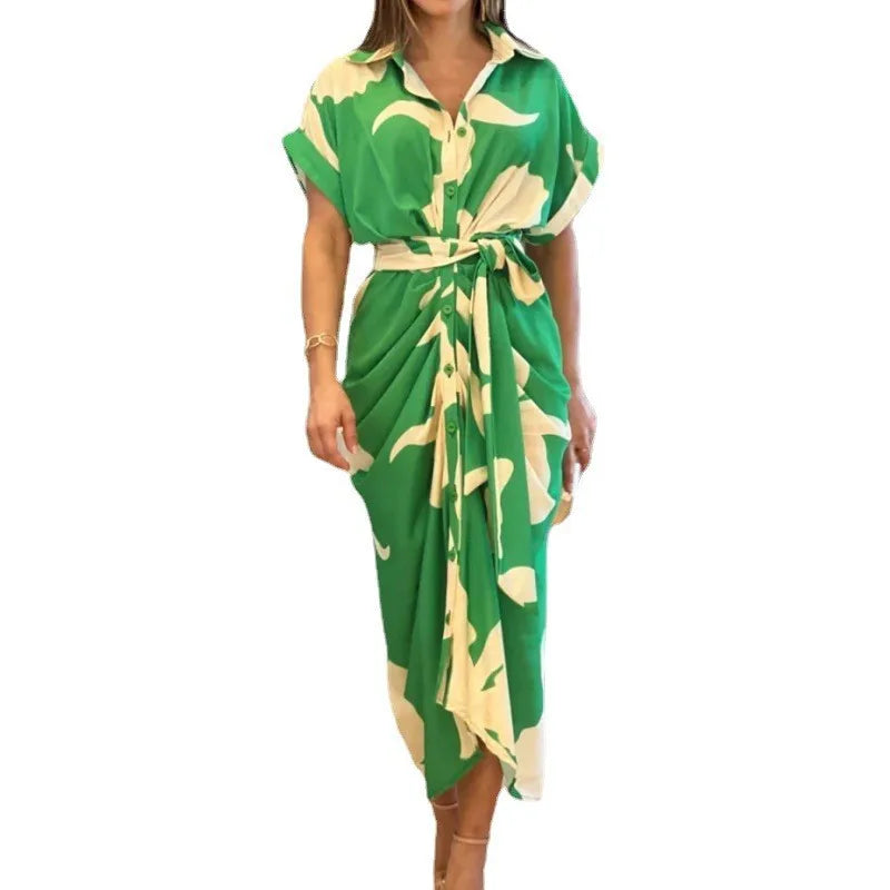 Vestido Midi Estampado con Cuello Solapa y Lazada
