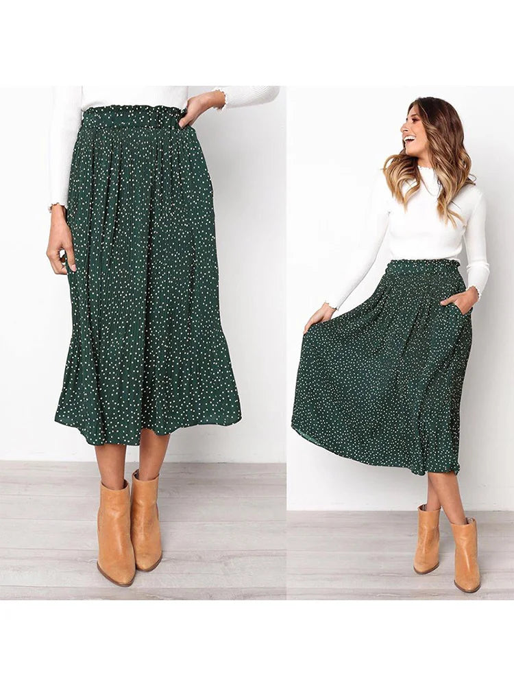 Falda Midi Plisada de Lunares con Bolsillos