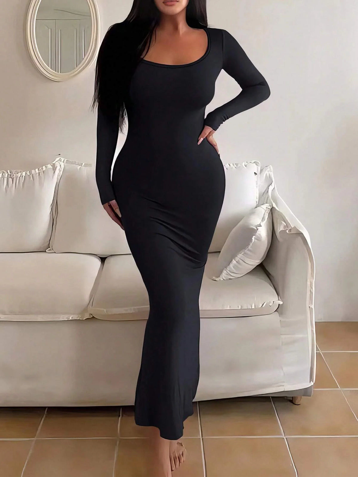 Vestido Largo Ajustado de Manga Larga