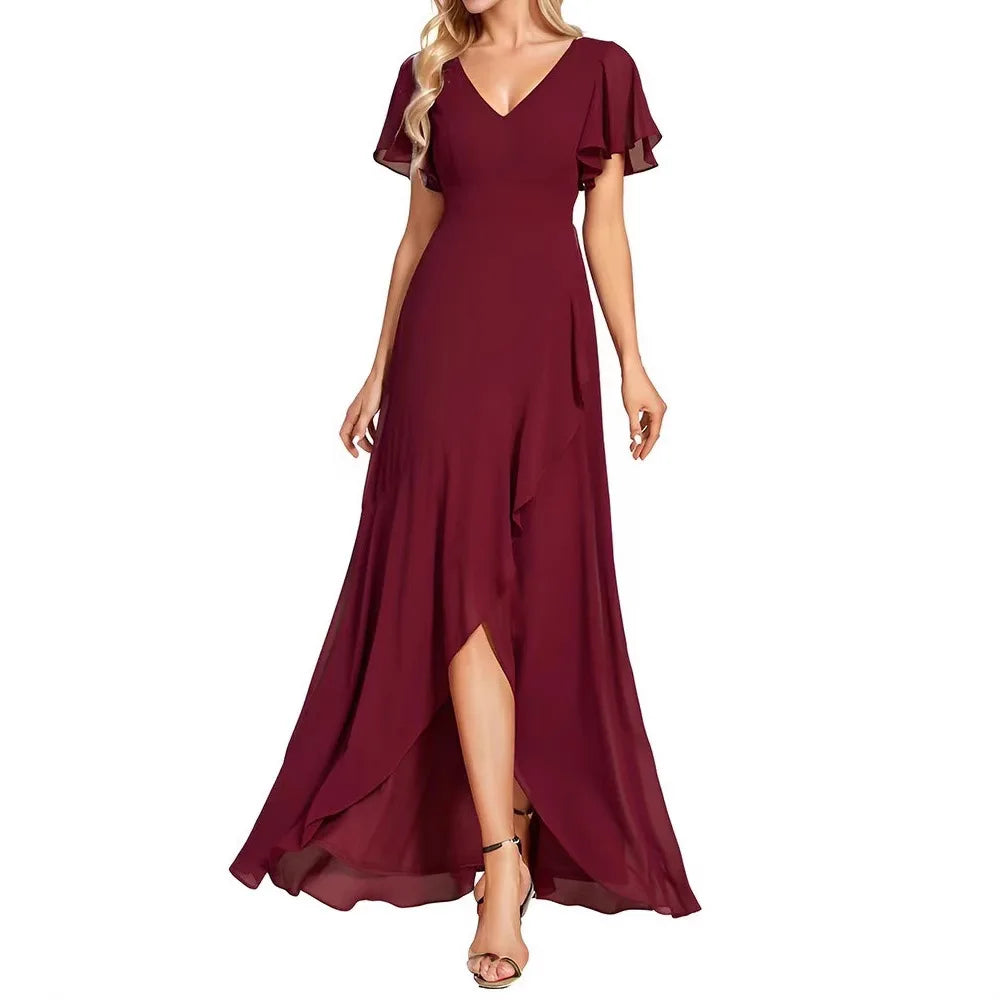Vestido Largo con Doble Escote en V y Volantes