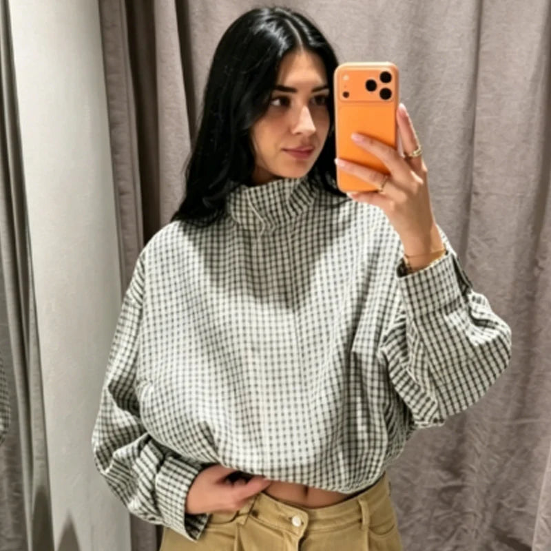 Cazadora Bomber de Cuadros Corta Oversize