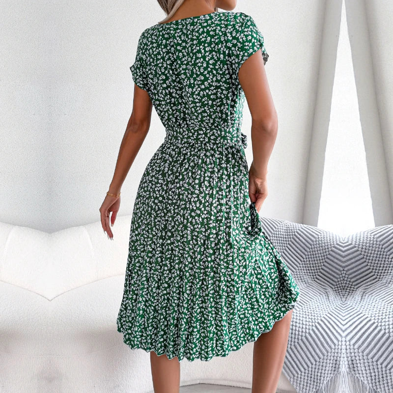 Vestido Midi Floral Fruncido Estilo Boho