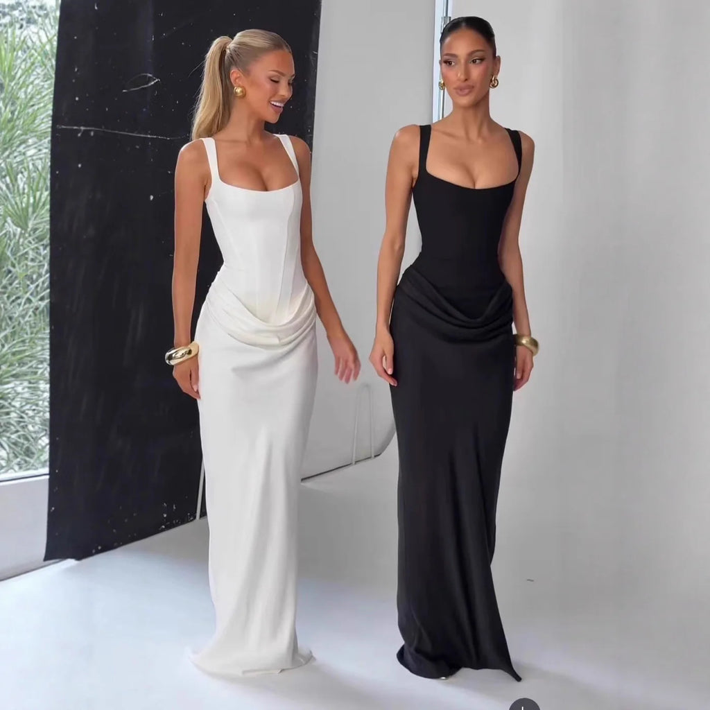 Vestido Largo Fruncido con Espalda Descubierta