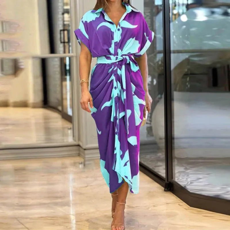 Vestido Midi Estampado con Cuello Solapa y Lazada